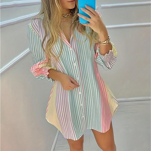 M ChicMe Women Striped Button Down Collar Shirt Casual Long Sleeve Blouse Top - Picture 3 of 17